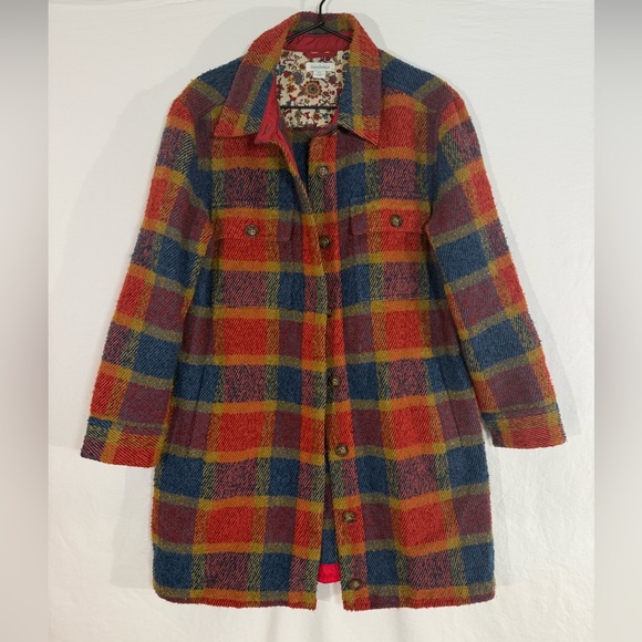 Sundance Plaid Wool Blend Pea Coat  Women’s PS Red Blue Yellow Button Front - Picture 1 of 9
